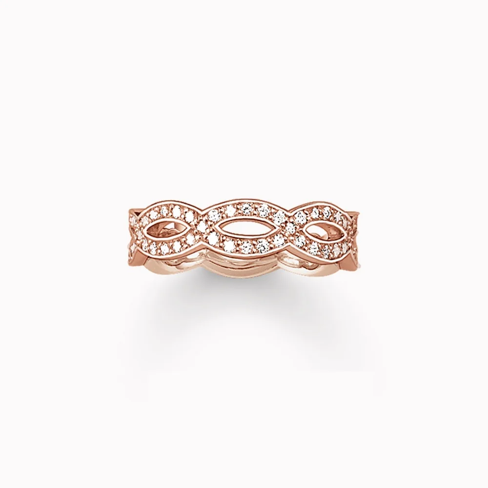 Кольцо из розового золота с двойной волной в виде любовного узла белое