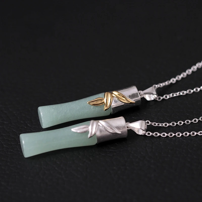 

Original design folk-custom accessories pendant necklace female 925 sterling silver DIY handmade bamboo Inlaid jade necklace