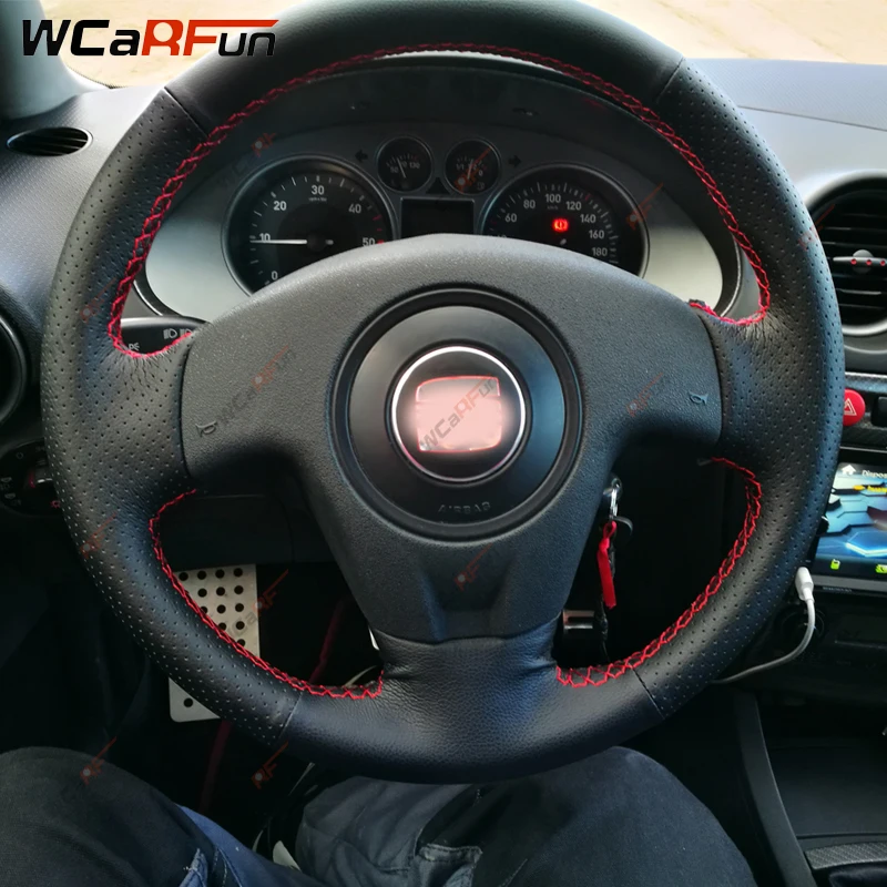 WCaRFun сшитый вручную черный искусственный кожаный чехол рулевого колеса автомобиля для сиденья Ibiza 2004 2006