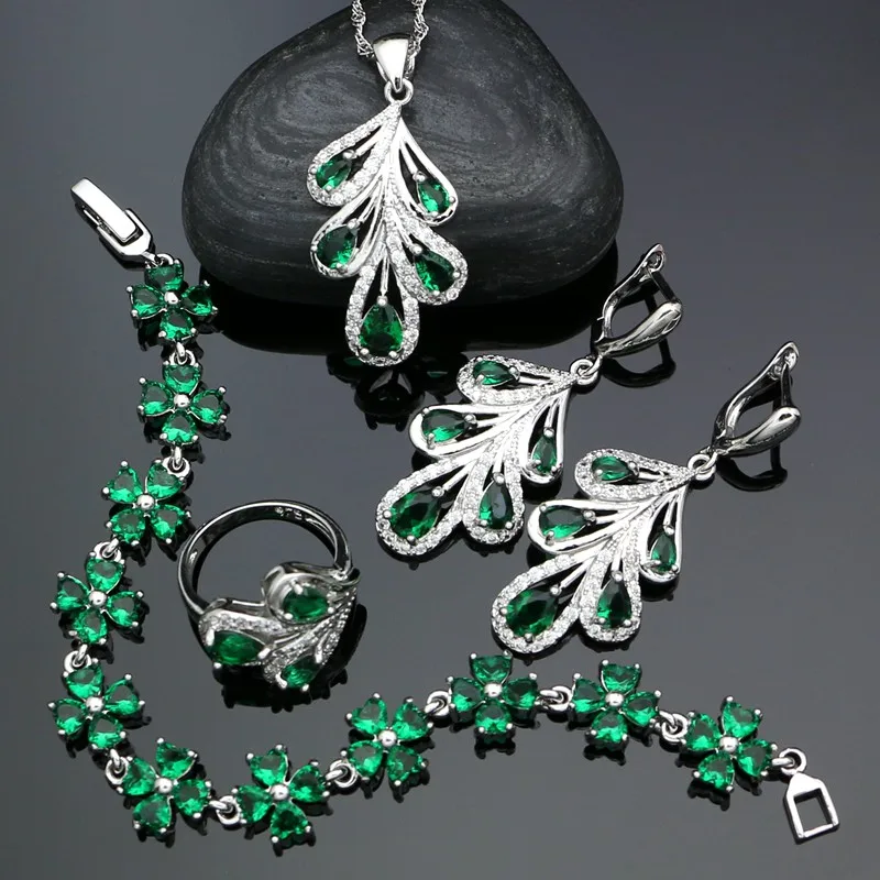 

925 Silver Bridal Jewelry Sets For Women Wedding Natural Green Stones Cubic Zirconia Earrings Pendant Ring Bracelet Necklace Set