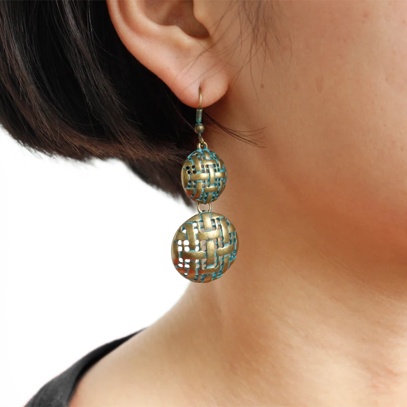 Серьги капельки в форме зеленой бронзы антикварные текстурированные богемные