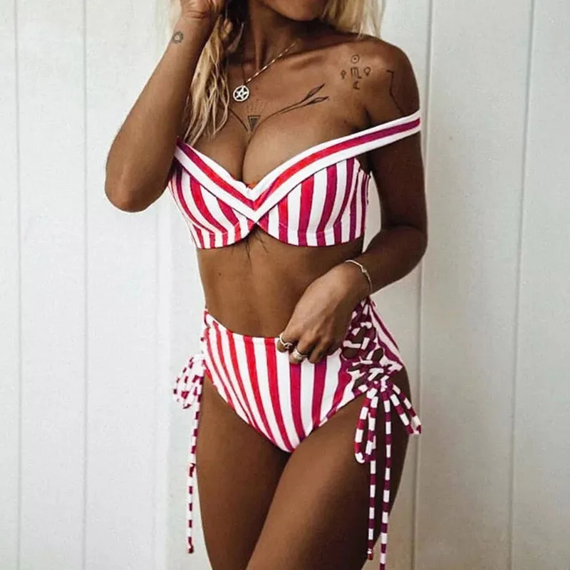 VIEUNSTA sexy lace up high waist bikini swimwear women underwire push set swimsuit off shoulder bathing suit Biquini |