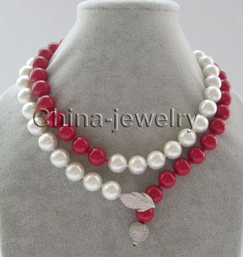 

35" 12mm white+ red coral color round south sea shell pearl necklace - 925silver