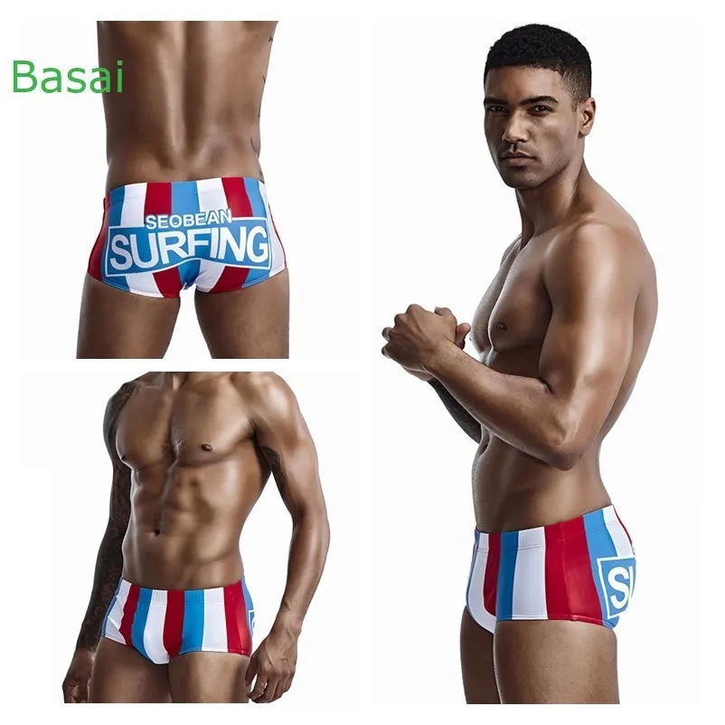 Sexy Stripes Men's Swimwear Bikini Swimming Trunks Men Swimsuit Seobean Gay Mens Swim Wear Beach Surf Bathing Suit Sport Shorts - Цвет: Red Stripes