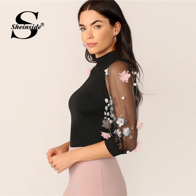Sheinside черный воротник-стойка деталь аппликации блузка для женщин Лето пышные рукава блузки женские элегантные 3/4 сетчатый рукав Топ