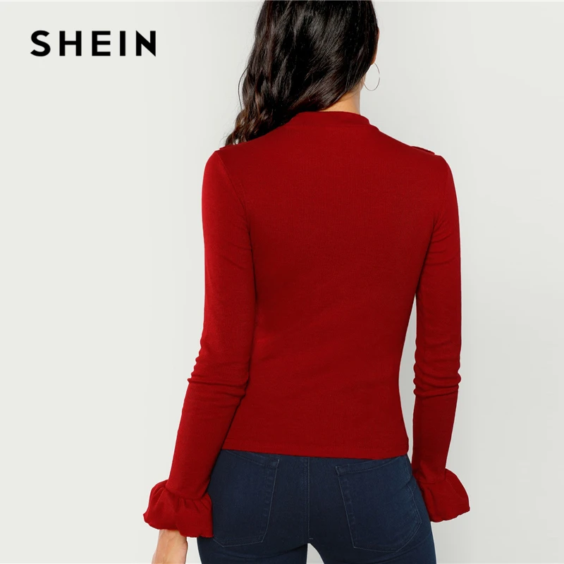 SHEIN Однотонный Топ С Длинными Рукавами И Оборкой На Груди, Нарядный Джемпер С Длинным Рукавом