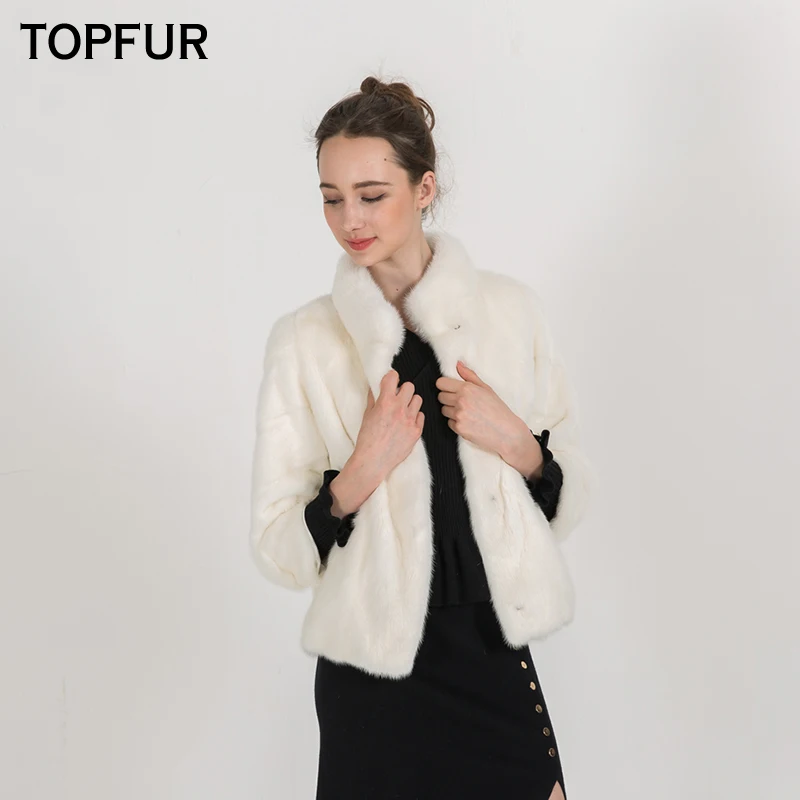 TOPFUR New Arrival White Full Pelt Mink Fur Coats For Women With Standing Collar Short Coat High Quality Mink Fur Jacket