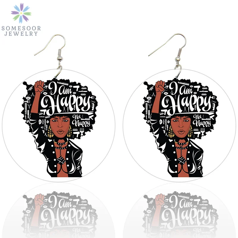 SOMESOOR Printed Black Sayings Wood Drop Earrings African Queen Locs Smart Afro Natural Hair Power Dangle Jewelry For Women Gift - Окраска металла: Both Sides Print 2