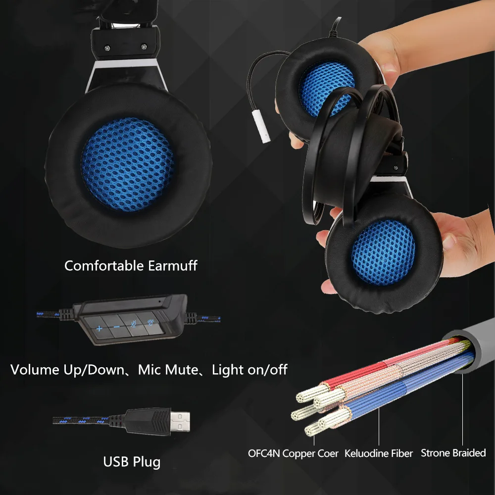 Soyto, USB, стерео игровая гарнитура, 7,1, Virtual Surround Bass, игровые наушники с микрофоном, светодиодный светильник для компьютера, ПК, геймера