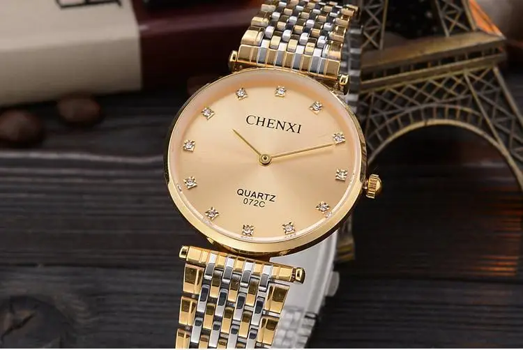 Gold Woman Chenxi брендовые модные повседневные парные часы в деловом стиле для мужчин и женщин, золотые водонепроницаемые кварцевые амулеты из нержавеющей стали - Цвет: Gold Woman