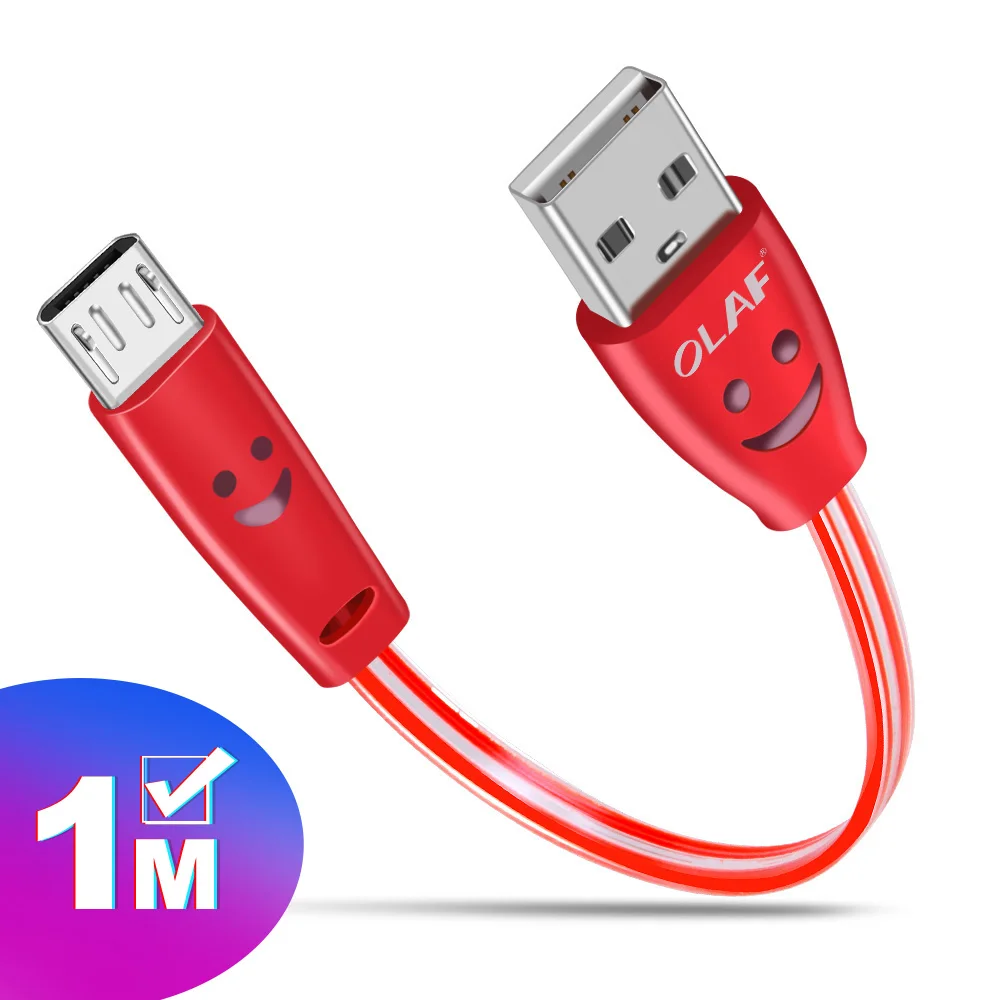 Олаф микро USB кабель 1 м светодиодный светильник Быстрая зарядка Microusb зарядное устройство шнур для samsung Xiaomi Redmi 4 Note 5 Honor Android Phone - Цвет: Красный