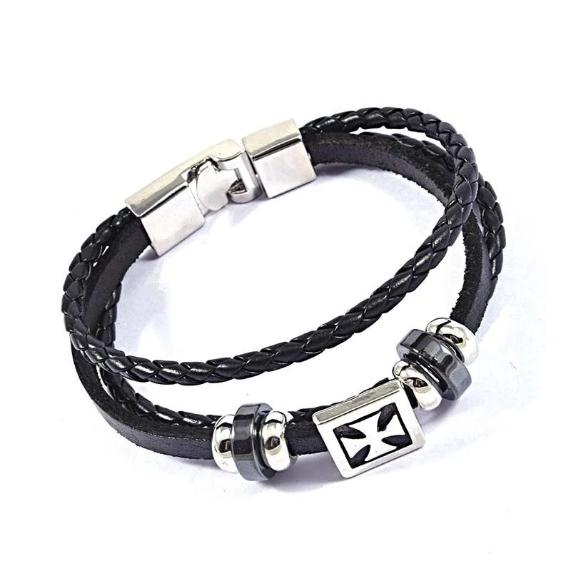 Модные черные коричневые винтажные кожаные браслеты готические бусины Крест