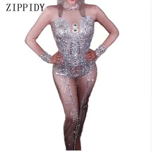 New design Fashion Silver Sparkly Crystals Nude Jumpsuit Female Singer Dancer Costume Bodysuit NightclubParty Sexy