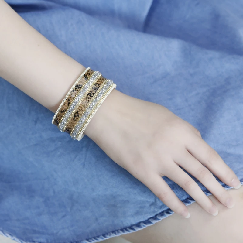 ALLYES Кожаные браслеты для Для женщин Магнитная застежка ретро браслет Boho Стиль кристалл широкий Браслет-манжета женских украшений