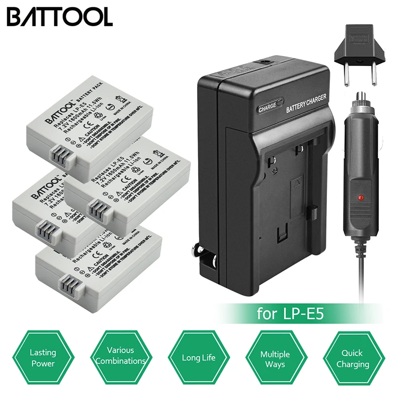 Batcool 4 шт. 1600 мАч 7 2 В батареи + зарядное устройство комплект LP-E5 для Canon EOS 1000D 450D 500D