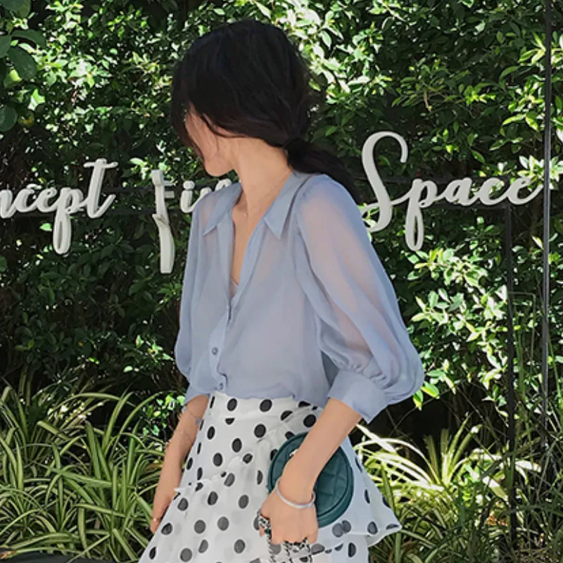 Женская шифоновая блузка на пуговицах элегантная прозрачная белая рубашка в