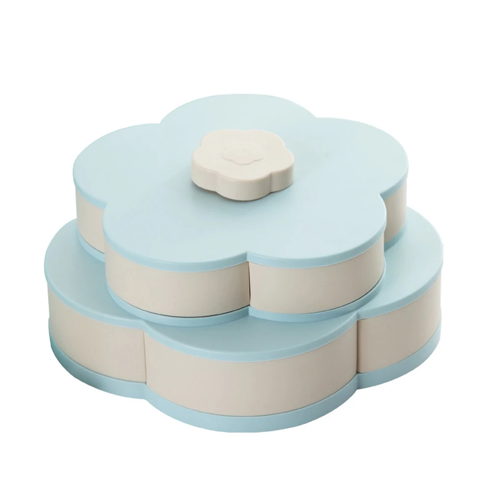 Double layer Blue Лепестковая вращающаяся коробка для закусок, поднос для конфет, коробка для хранения еды, Свадебная коробка для конфет, тарелки, двухслойный сушеный органайзер для фруктов, для хранения - Цвет: Double layer Blue