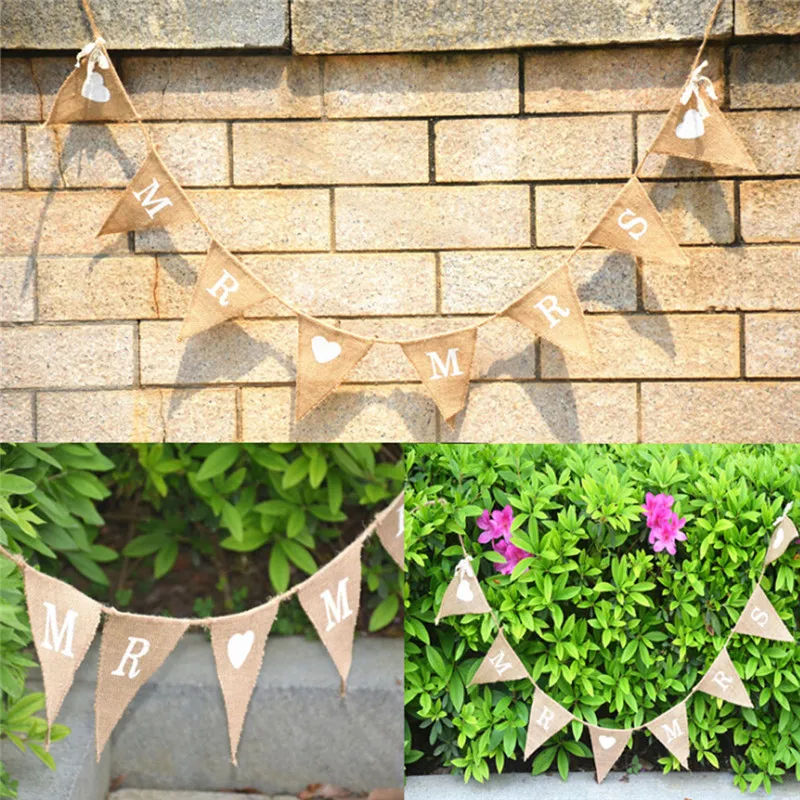 Mr Mrs Wedding Banners Photo Props Vintage Banner Jute Bunting Marry Rustic Garland Party Hanging Mariage Decoration New | Дом и сад