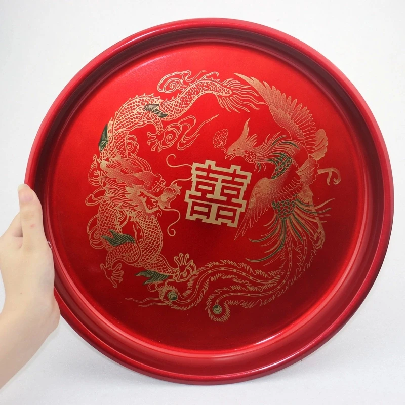 

2PC SET Wedding gifts wedding dowry plastic pan tea Dragon and phoenix tea tray candy plate Fruit tray statues Home wedding