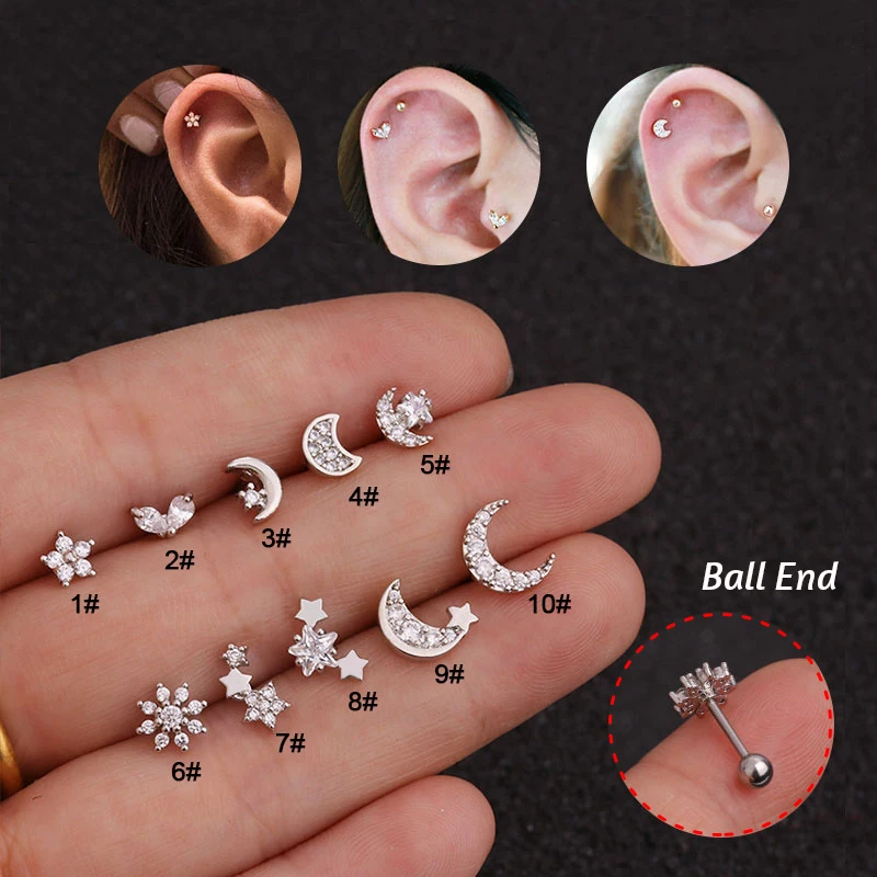 

1 PC Small Flower Moon Wing Triangle CZ Tragus Daith Helix Rook Piercing Studs Jewelry Helix Cartilage Studs Rook Piercing