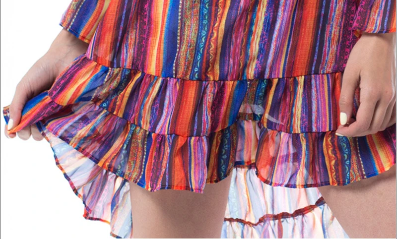 Весной и Летом 2017 С Плеча Женщины Dress Рюшами Жабо Цвета Радуги Ремень Шифон Beach