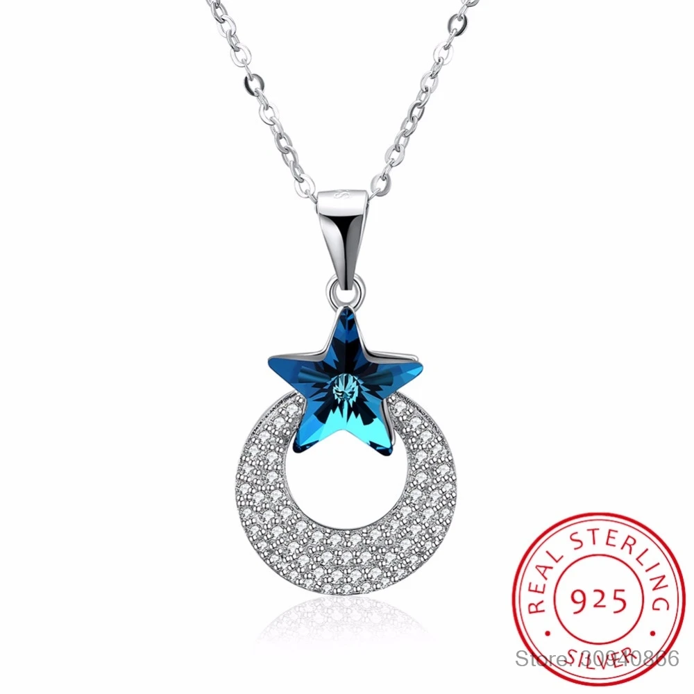 

LEKANI Fashion Moon Star Crystals Necklaces Pendants Real 925 Silver Chain Collares For Women Mother's Day Gifts