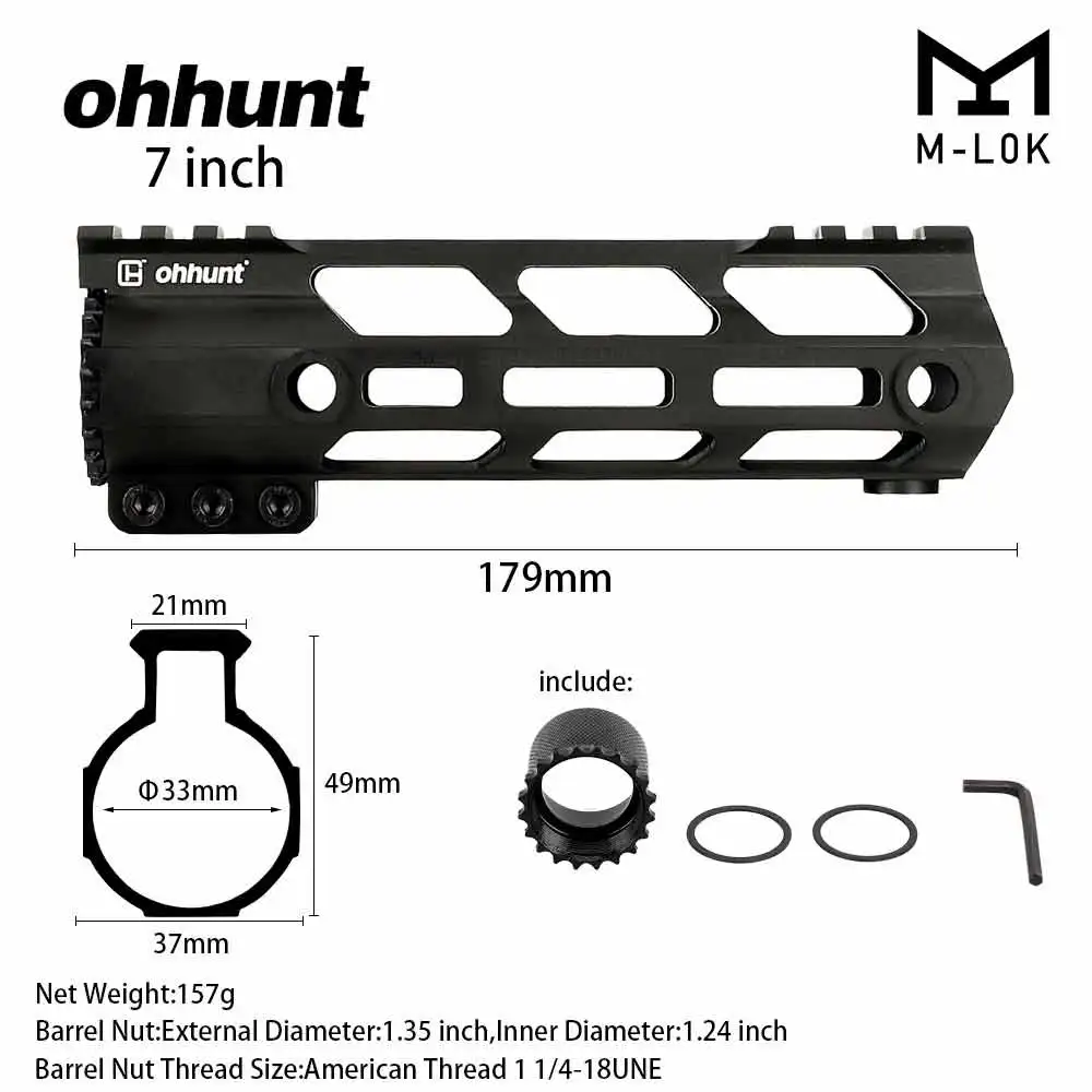 Ohhunt AR15 поплавок M-LOK Handguard Пикатинни тонкий стиль стальной баррель гайка для охоты прицел крепление с петлей отверстие - Цвет: 7 inch Black