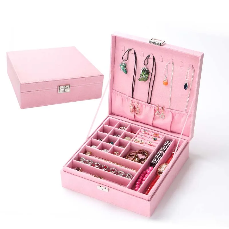 pink LASPERAL серьги для девочек браслет шкатулка для декора шкатулка для хранения ювелирных изделий деревянная многослойная байковая шкатулка для украшений органайзер для макияжа - Цвет: pink