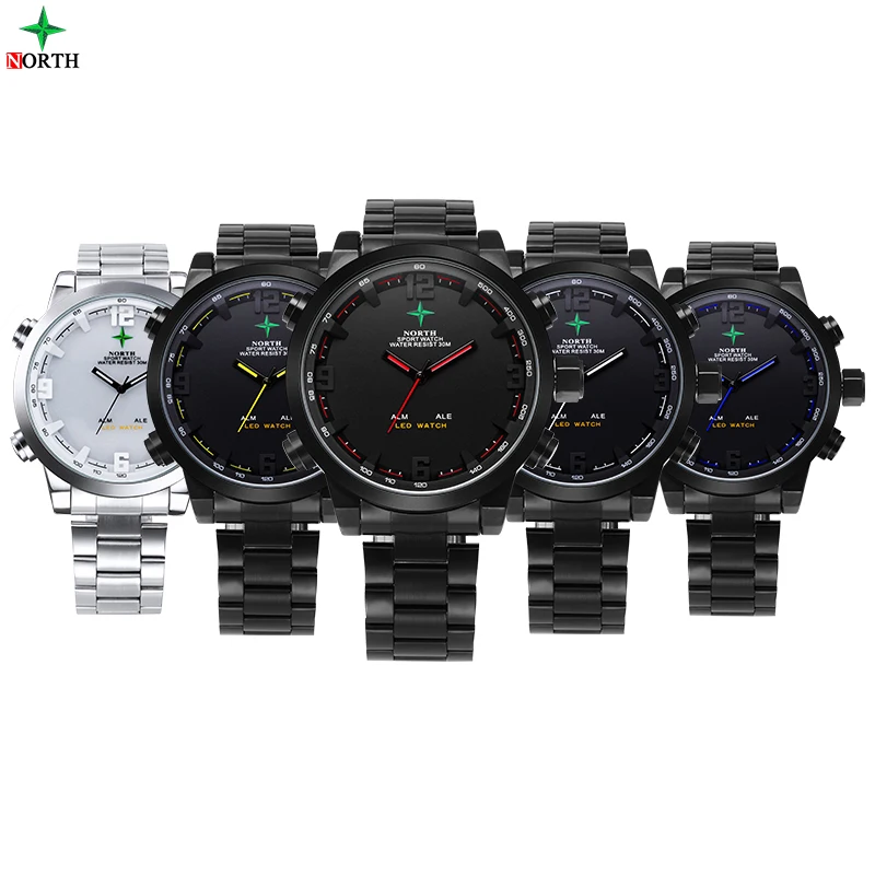 NORTH Men's Watches LED Military Digital Sports Quartz Watch Fashion Waterproof Stainless Steel Clock | Наручные часы