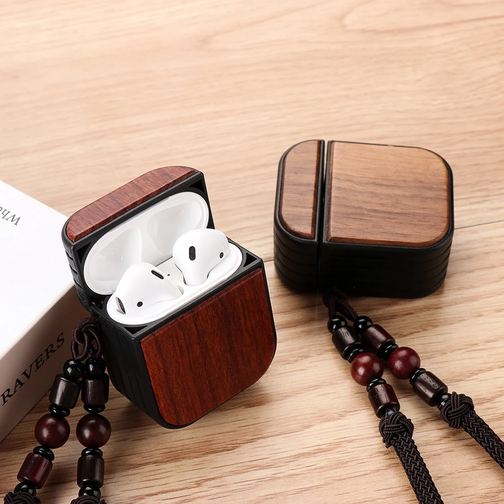 Натуральный Деревянный чехол Airpods роскошный ручной работы с ремешком грецкий орех палисандр для Apple защитный чехол для Airpods Skock Proof