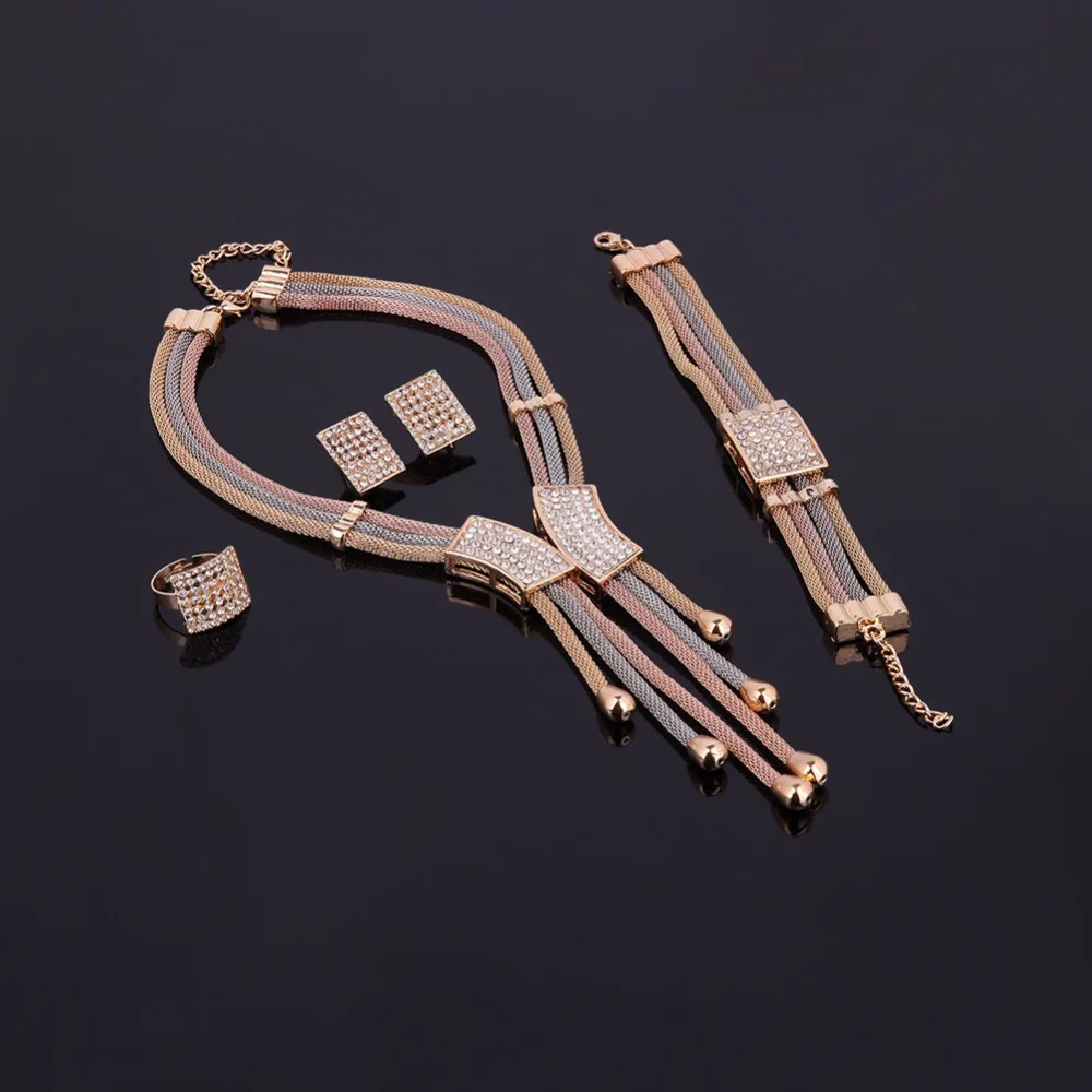 Дубай Цепочки и ожерелья Ювелирные наборы для Для женщин Tassel Pendant Кристаллические Серьги Браслет Кольцо из Белого Золота Цвет бижутерия для свадьбы, вечеринки, аксессуары