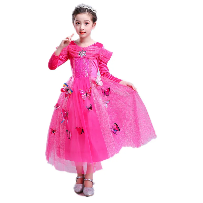 Girl Pink Ball Gown Long Sleeve Dress Princess Sleeping Beauty Aurora Cosplay Costume Children Carnival Clothes Party | Детская одежда