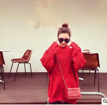 MLXSLKY Autumn sweater women thick loose red color pullover womens fashion turtle neck long sleeve women's knit | Женская одежда