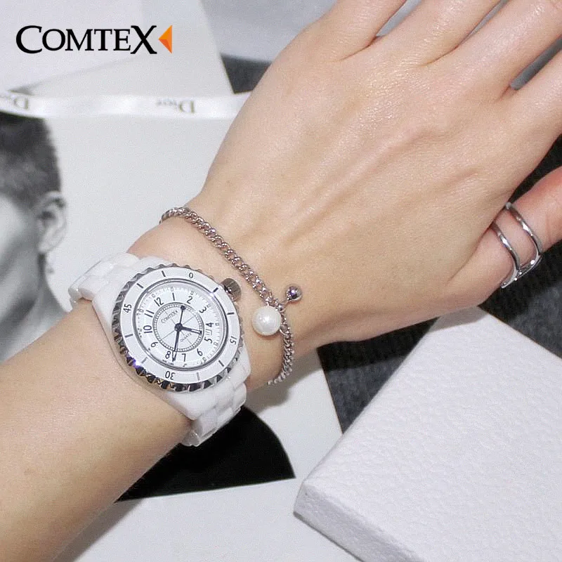 COMTEX часы женские Швейцарский Моды Белые керамические Часы женщины Кварц платье