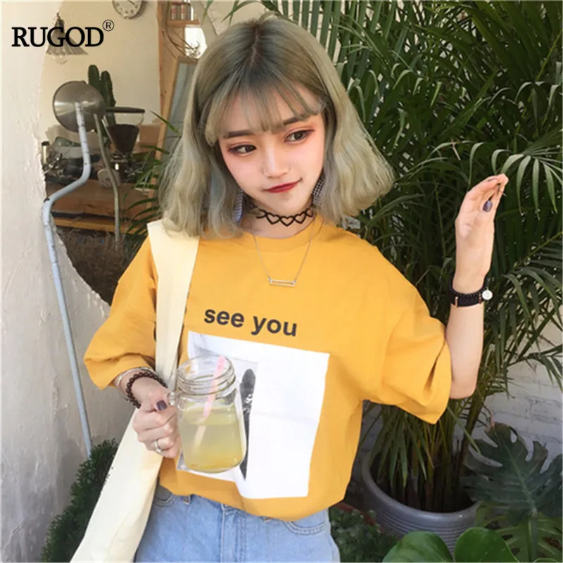 RUGOD Летняя женская футболка с круглым вырезом и буквенным принтом, с коротким рукавом, модная Корейская Повседневная Женская хлопковая футболка
