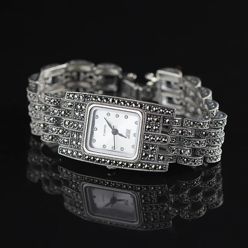 

New Limited Edition Classic Elegant S925 Silver Pure Thai Silver Bracelet Watches Thailand Square Rhinestone Bangle Dresswatch