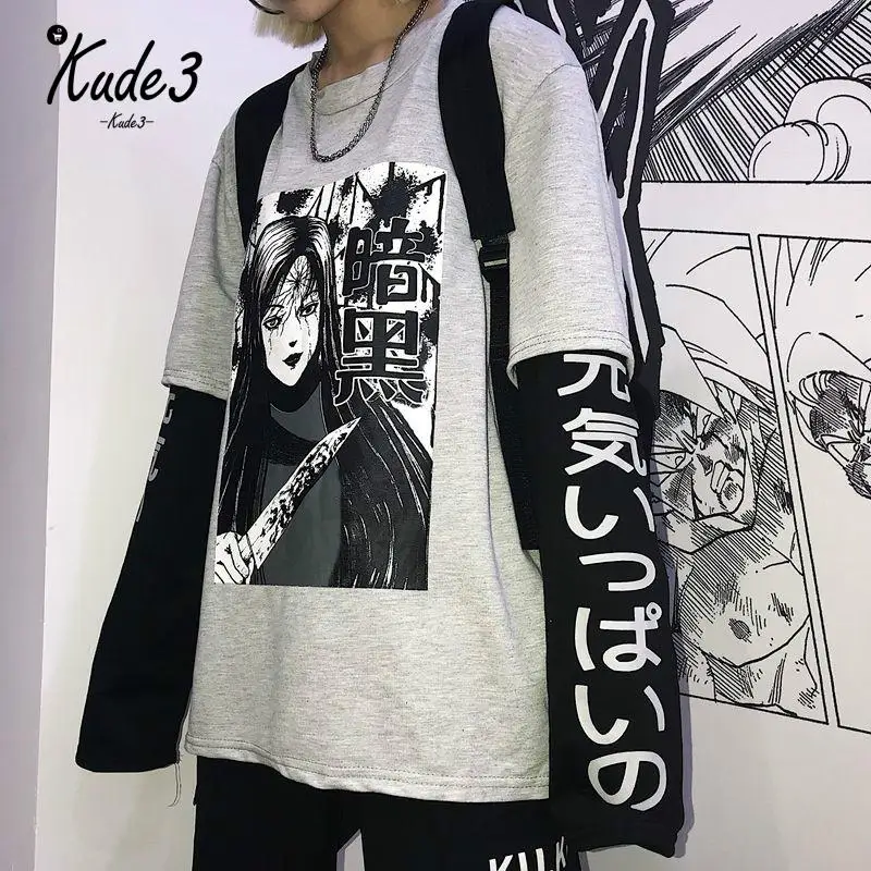 Harajuku японского аниме печати для женщин толстовка Поддельные 2 шт. О образным