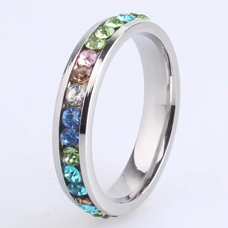 free shipping 4mm gold and silver single row multicolour crystal 316L Stainless Steel finger rings for men women wholesale | Украшения и