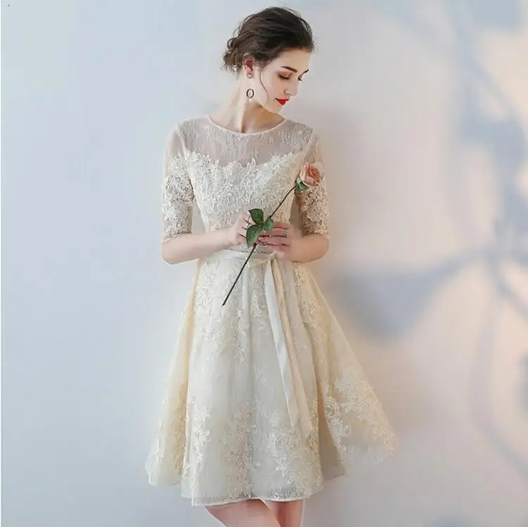 Robe de soiree, темно-синее кружевное короткое вечернее платье с круглым вырезом, vestido de festa, платья для выпускного вечера, вечернее платье, индивидуальный заказ - Цвет: Champagne