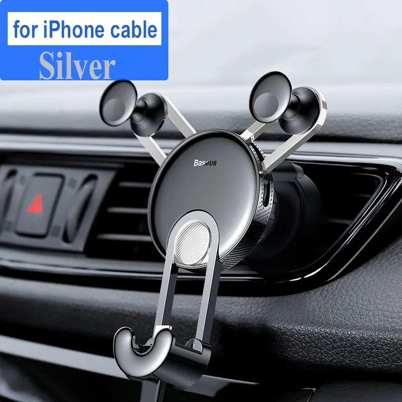 Silver for iphone Baseus Автомобильный держатель для телефона с usb-кабелем для iPhone X, 8, 7, 6, автомобильный держатель для телефона на выходе для huawei P20, Xiaomi Redmi Note 7 - Цвет: Silver for iphone