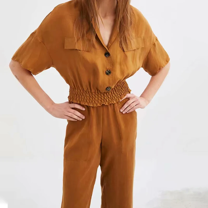 2019 Для женщин Повседневное коричневый из двух частей комплект весна Летняя