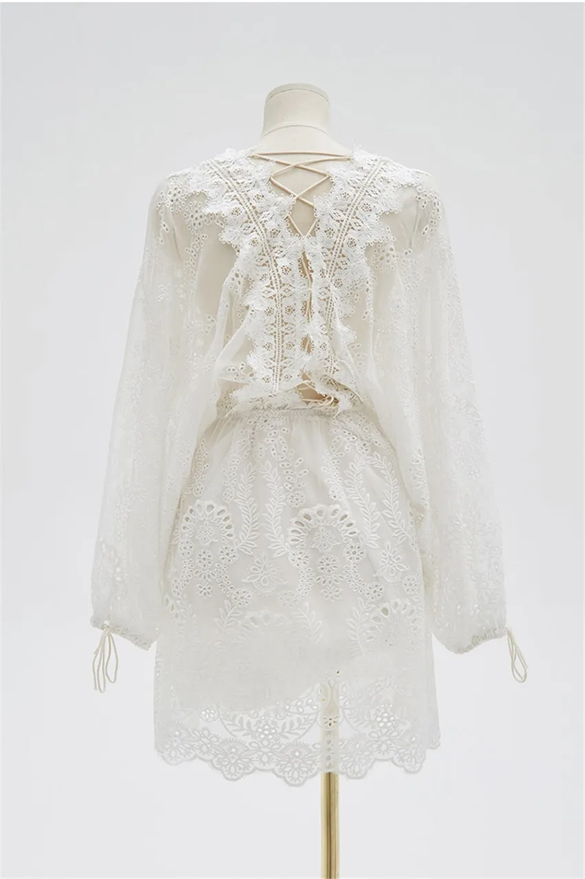 Spring Long Sleeve White Embroidery Lace Mini Dress Backless Cute Mini Lace Short Women Dress