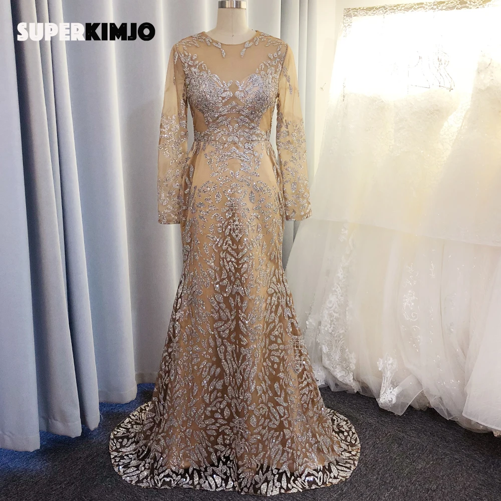 

SuperKimJo Vestido Longo Sparkly Mermaid Evening Dresses Long Sleeve Modest Elegant Champagne Evening Gown Abendkleider