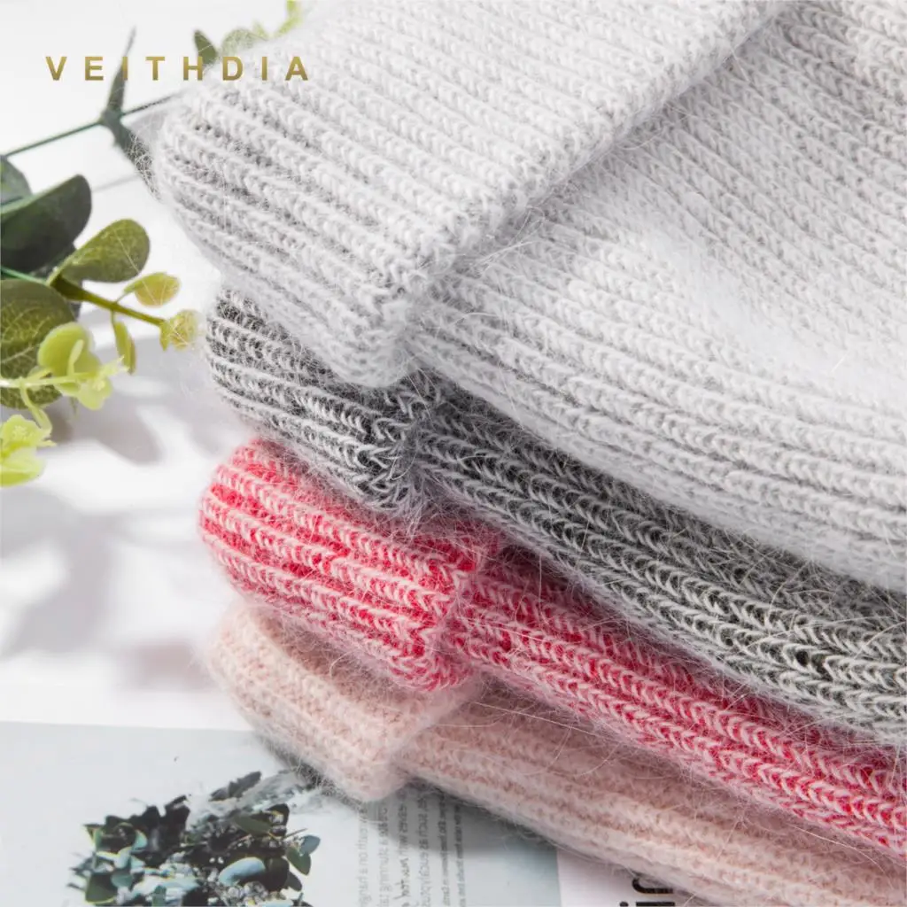 Женская вязаная шапка VEITHDIA двухслойная с кроличьим мехом Мягкая шерстяная