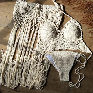 3-piece set Beige Ручной работы связанные крючком бикини топы-пляжные купальники топ-плавательные бассейны бикини Мягкие Топы - Цвет: 3-piece set Beige