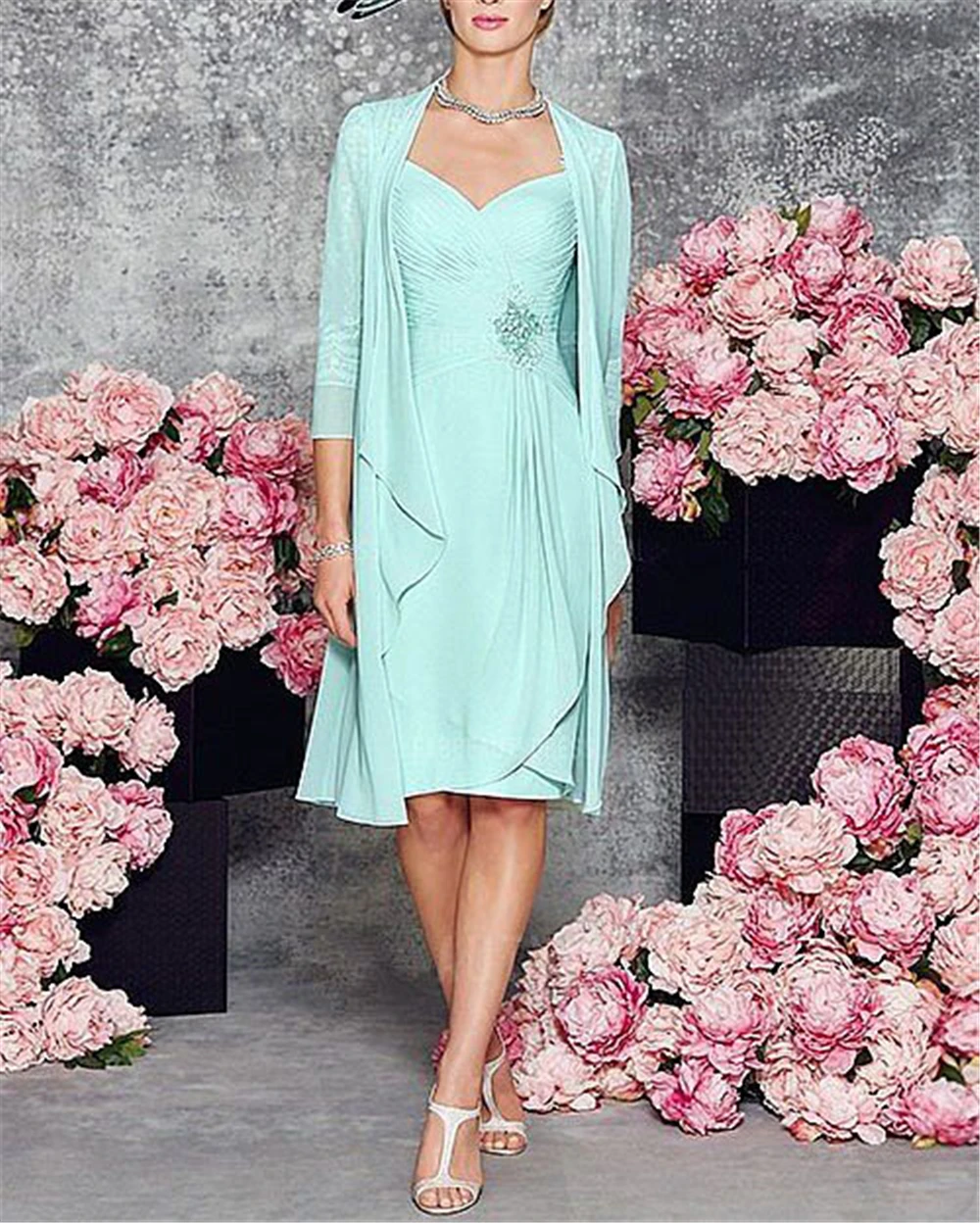 Vestidos de novia 3/4 рукава кружево и шифон Синий длиной до колена Короткие на заказ платья для матери невесты Плюс Размер