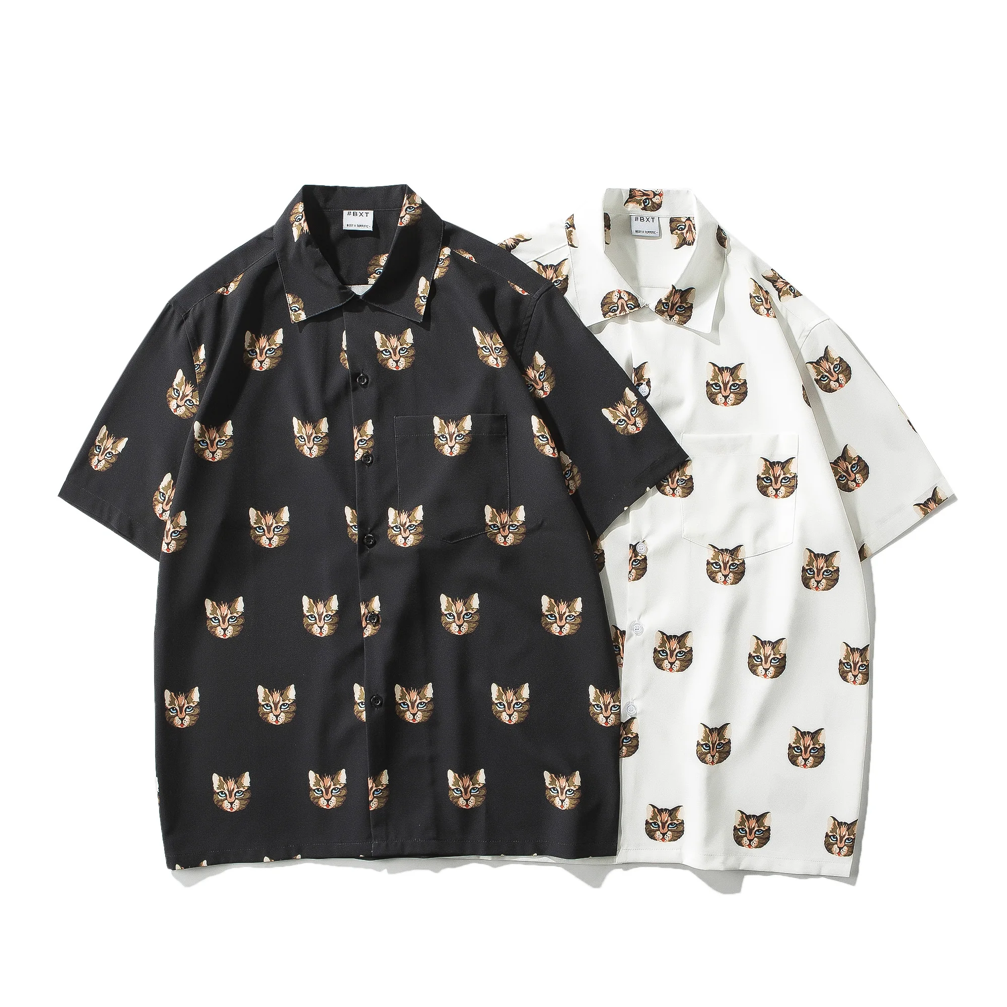 Cat Print Funny Men Shirt Long Sleeve Loose Blouse Button Up Woven Top | Мужская одежда