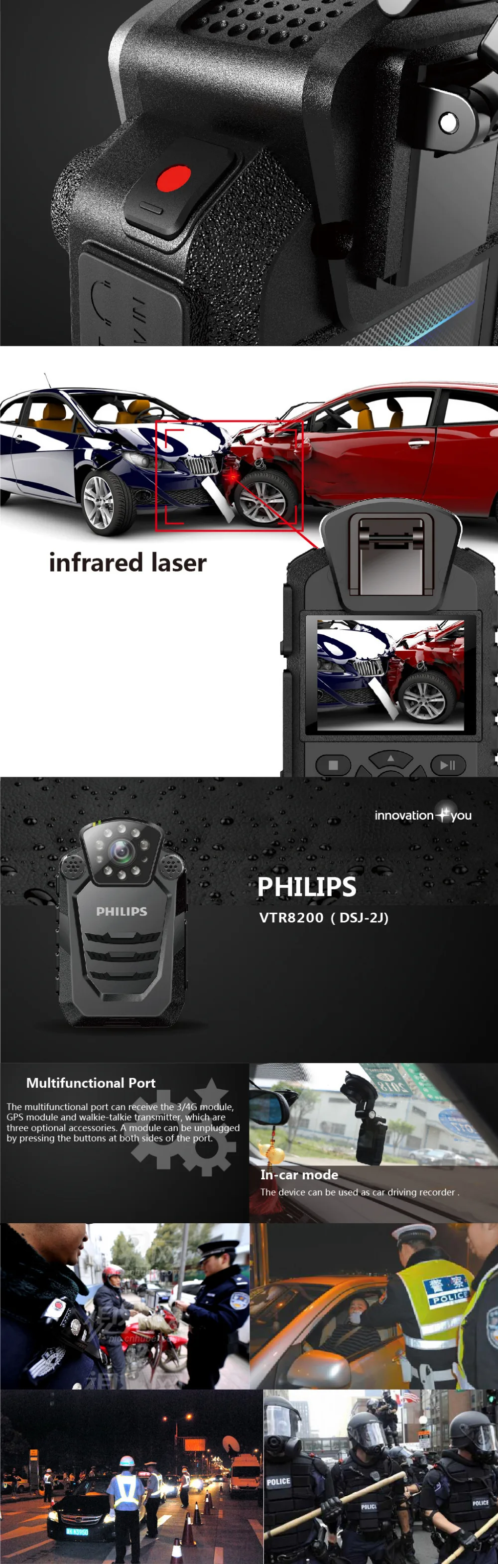 Philips HD полицейский корпус предупреждающий камера голосовой детектор IP68 запись видео и аудио 1080P ИК ночного видения VTR8200