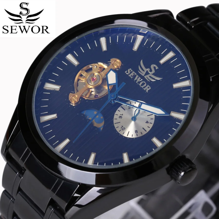 Sewor2018 top brand 24 hours automatic mens watches black steel multifunction tourbillon mechanical watch luxury reloj hombre | Наручные