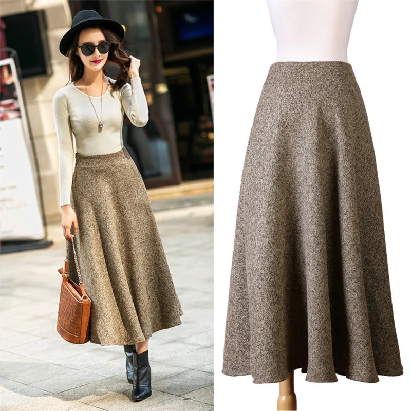 dark khaki Зимняя женская юбка макси, модная Длинная женская одежда, элегантная юбка трапециевидной формы с высокой талией, шерстяные юбки для женщин, однотонная женская юбка C1552 - Цвет: dark khaki